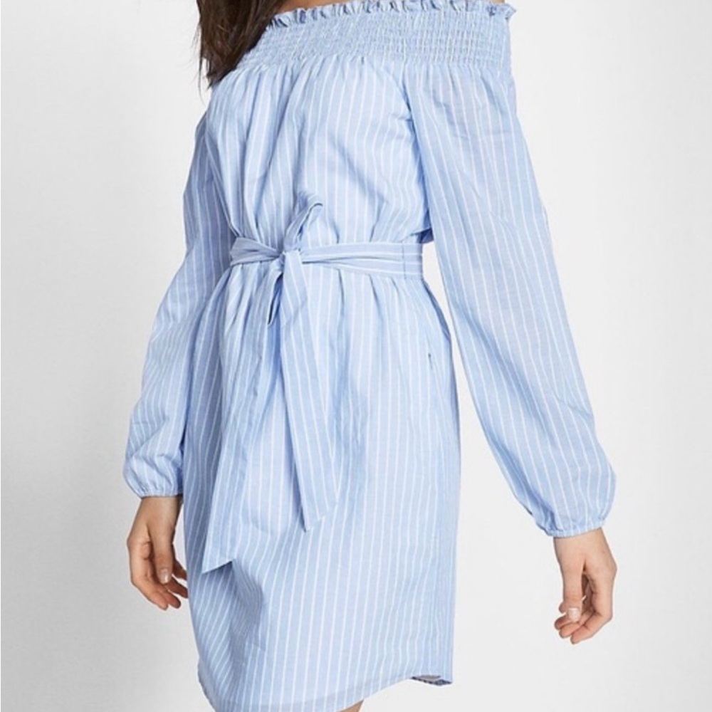 Express Blue and White Bishop Sleeve Off-Shoulder Sundress - Picture 2 of 5